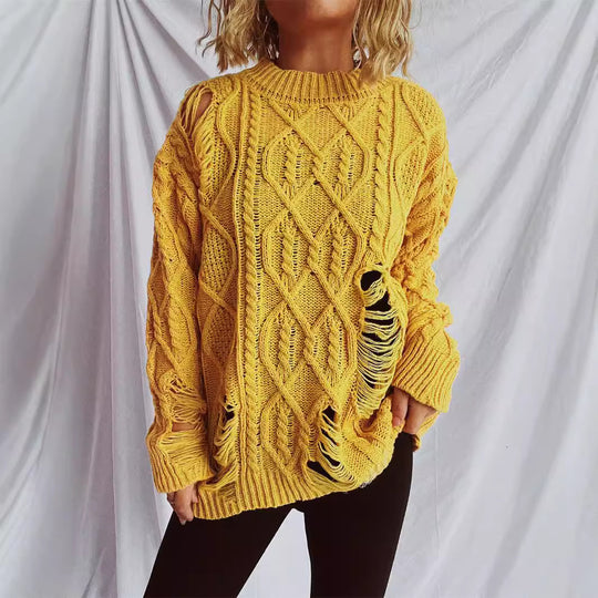 Damen Grobstrickpullover mit einzigartigem Zopfmuster und ausgefransten Details EB