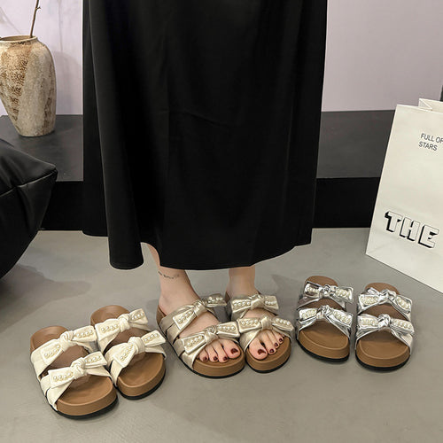 Damen modische Riemchen-Sandalen mit eleganten Schleifen und Perlen-Applikationen EB