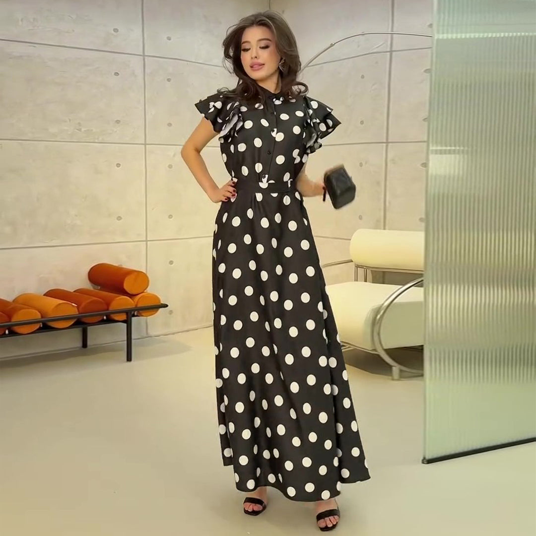Damen Maxikleid mit voluminösen Rüschendetails und polka-dot Muster EB