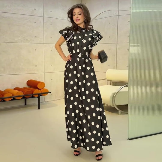 Damen Maxikleid mit voluminösen Rüschendetails und polka-dot Muster EB