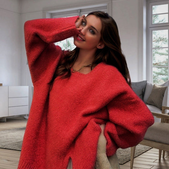 Damen Oversized Strickpullover mit elegantem V-Ausschnitt und seitlichen Schlitzen EB