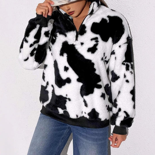 Damen Fleece-Pullover mit halbhohem Kragen und rustikalem Kuhmuster EB