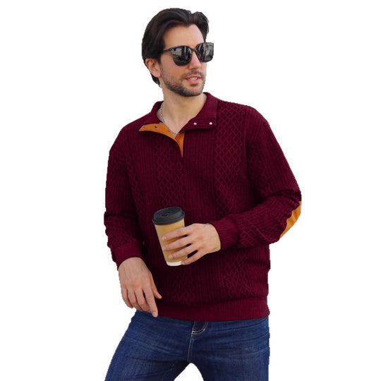 Herren nan strukturierter Henley-Pullover mit Stehkragen, Knopfleiste und Lederoptik-Ellbogenbesatz EB