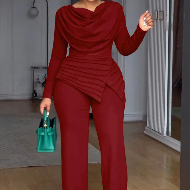 Damen Zweiteiliges Ensemble mit Wasserfall-Drapé-Oberteil, abgestuftem Peplum und gerader Bundfalten-Hose EB