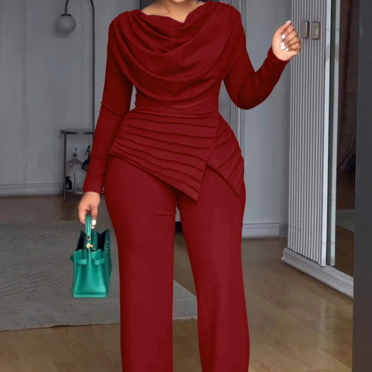 Damen Zweiteiliges Ensemble mit Wasserfall-Drapé-Oberteil, abgestuftem Peplum und gerader Bundfalten-Hose EB