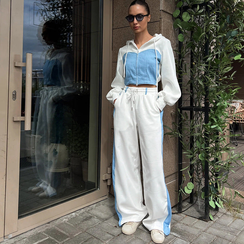 Damen nan zweiteiliges Cropped-Hoodie-Set mit Reißverschluss, elastischem Komfortbund und weitem Seitenstreifen-Hose EB