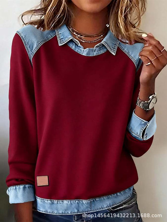 Damen nan gerippter Strickpullover mit Jeanskragen und Knopfleiste EB