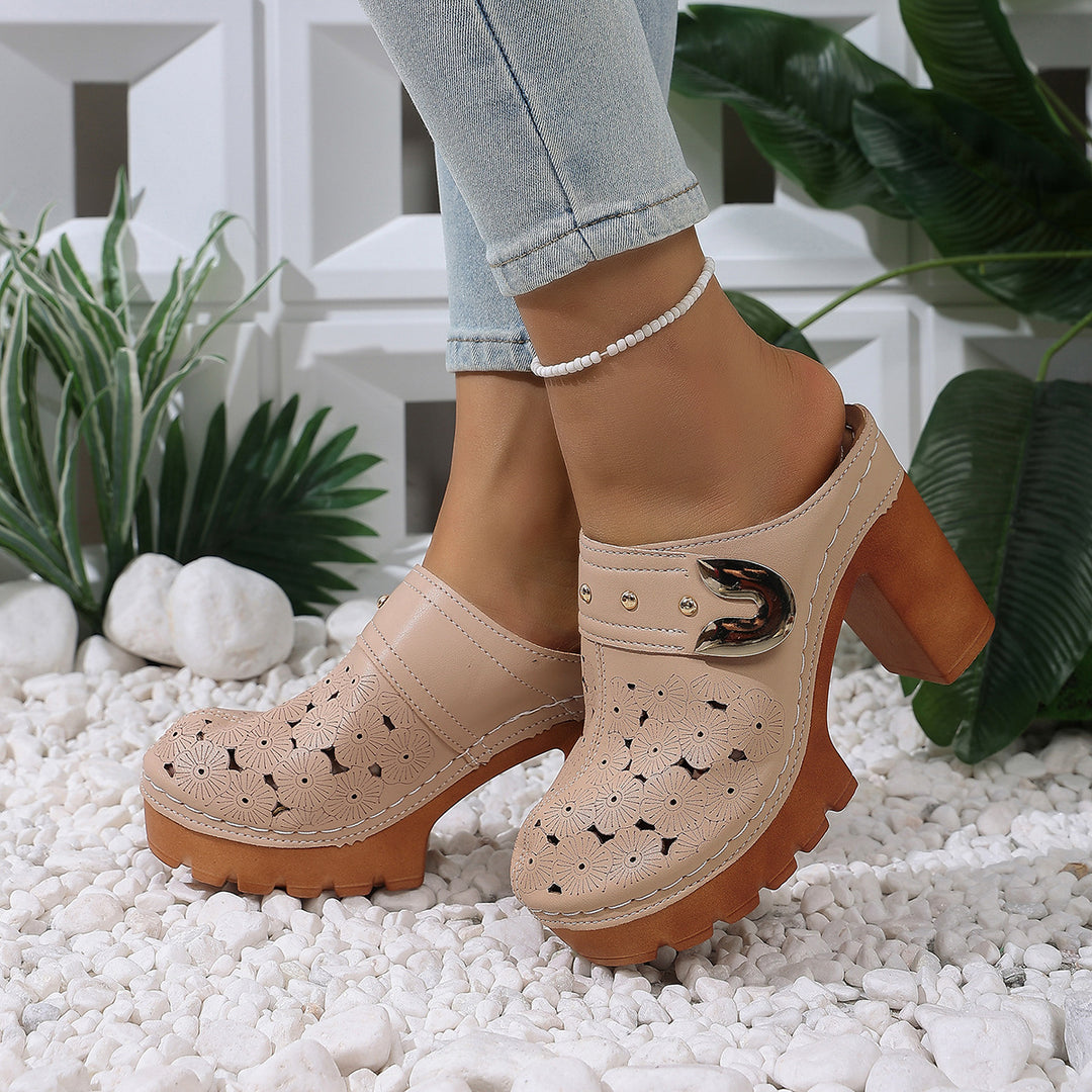Damen modische Clogs mit perforiertem Design und elegantem Blockabsatz EB
