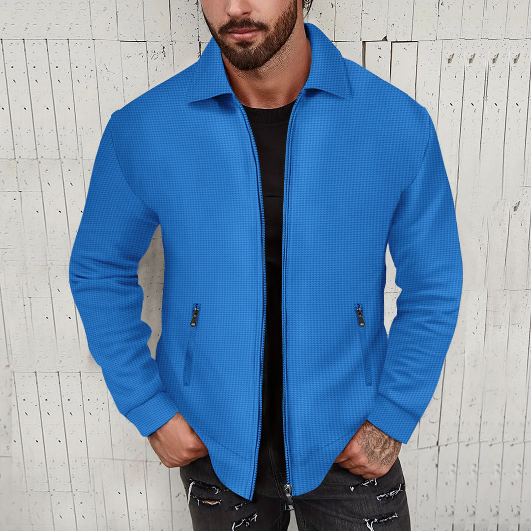 Herren nan minimalistische Stehkragen-Feinstrick-Übergangsjacke mit Zwei-Wege-Reißverschluss und verdeckten Reißverschlusstaschen EB