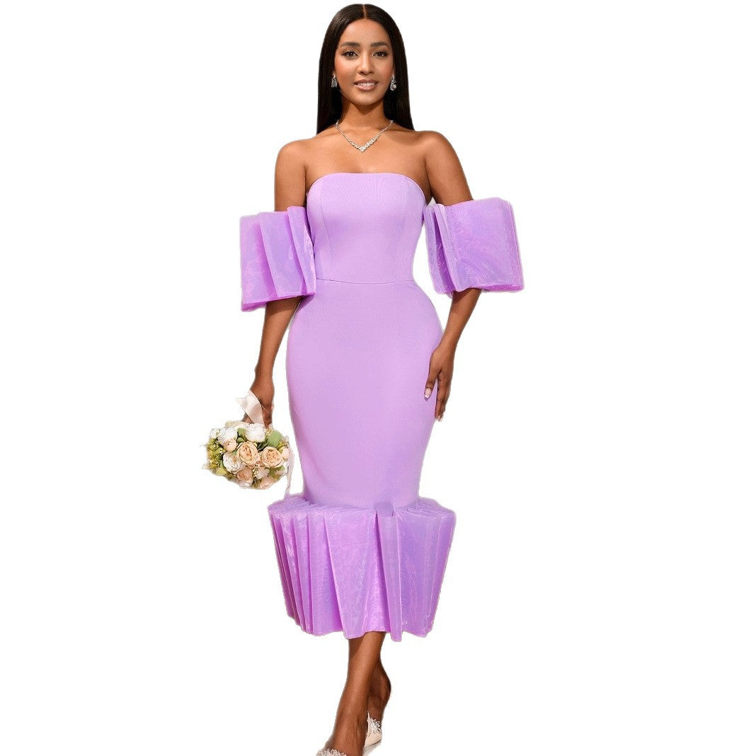 Damen Elegantes Midi-Kleid mit voluminösen Rüschenärmeln und asymmetrischem Saum EB