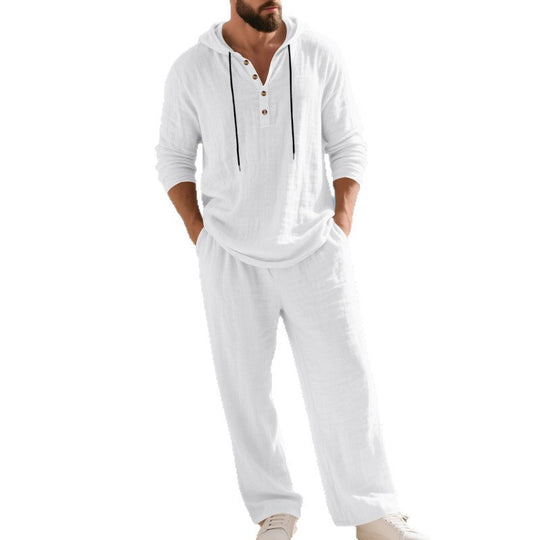 Herren nan lässiges Leinenzweiteiler-Set mit Kapuzenhemd im Henley-Stil und weiten Freizeit-Hosen EB
