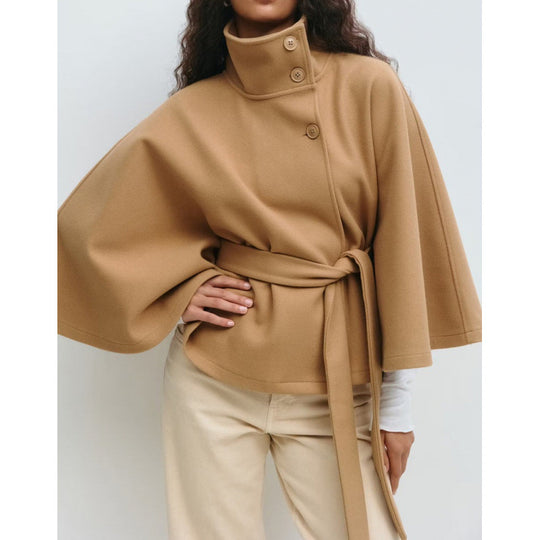 Damen Wollmantel im Cape‑Stil mit Stehkragen und Taillengürtel EB