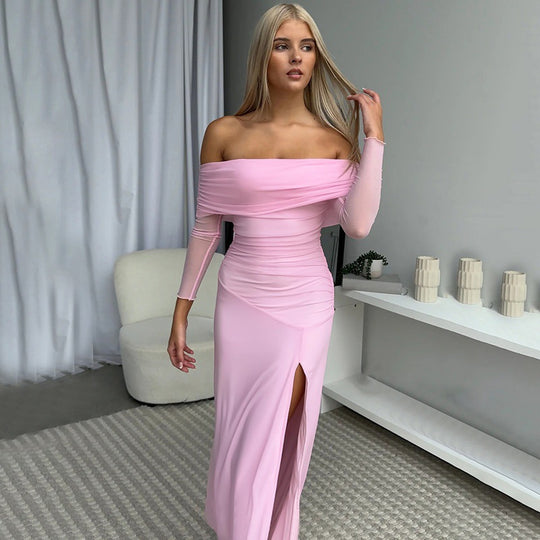 Damen Off-Shoulder Maxikleid mit Raffungen und hohem Schlitz EB