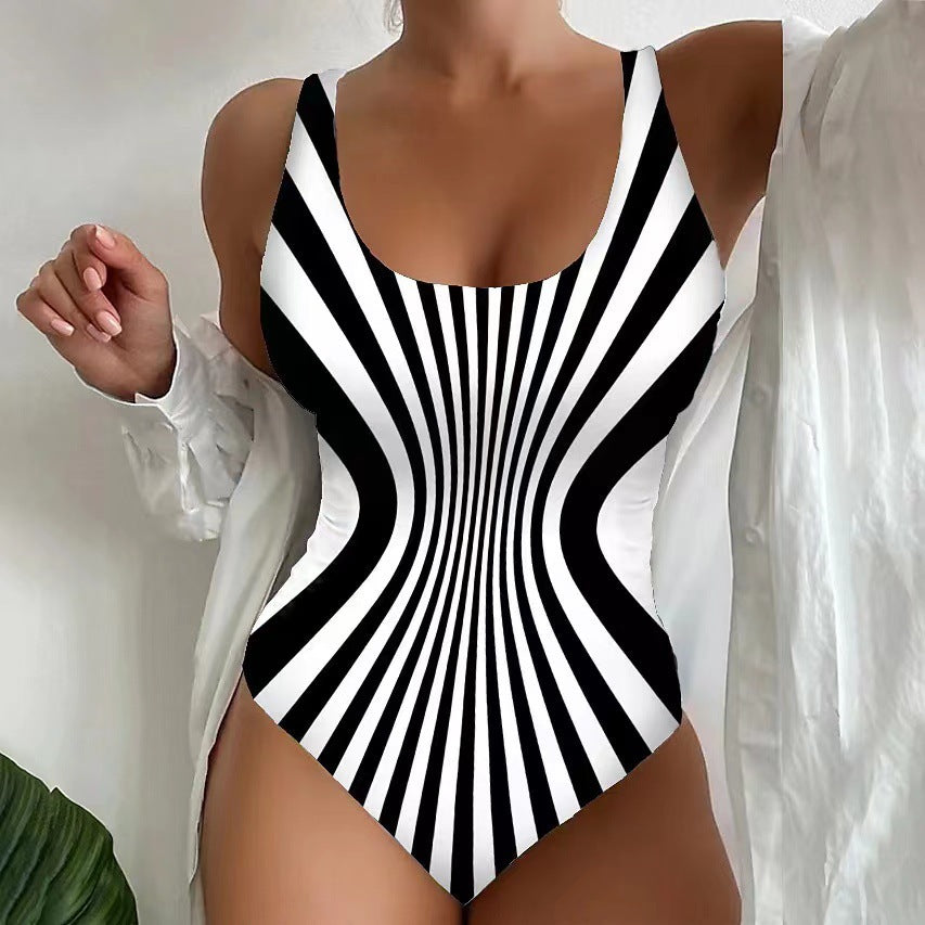 Damen Einteiler Badeanzug mit hypnotischem Streifenmuster EB