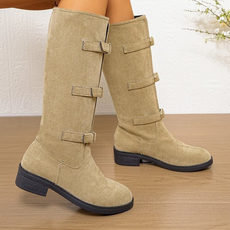 Damen Overkneestiefel mit modischen Schnallen und robustem Profilsohle EB
