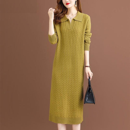 Damen Strickkleid mit klassischem Polokragen und feinem Zopfmuster EB