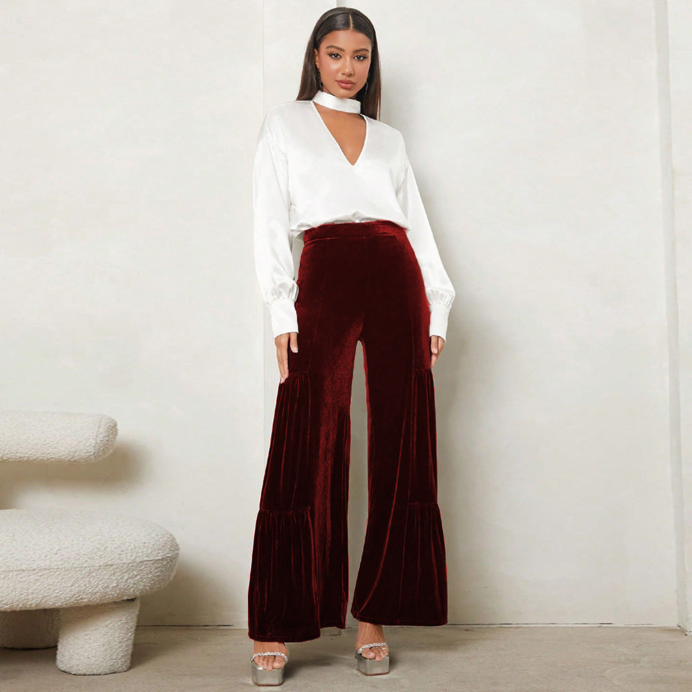 Damen Weit geschnittene Plüsch-Hose mit Falten und hohem Bund EB