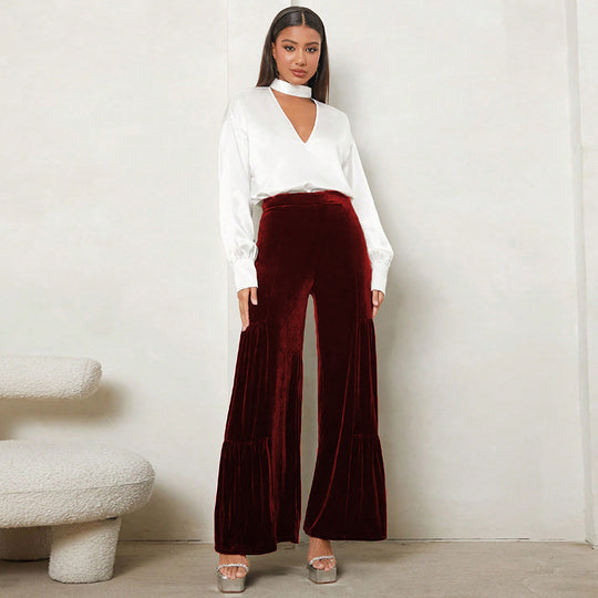 Damen Weit geschnittene Plüsch-Hose mit Falten und hohem Bund EB