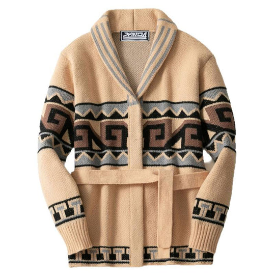 Damen Strickjacke mit grafischem Muster und Gürtel EB