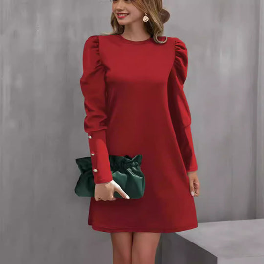 Damen nan elegantes A-Linien Minikleid mit gerafften Puffärmeln und dekorativen Manschettenknöpfen EB