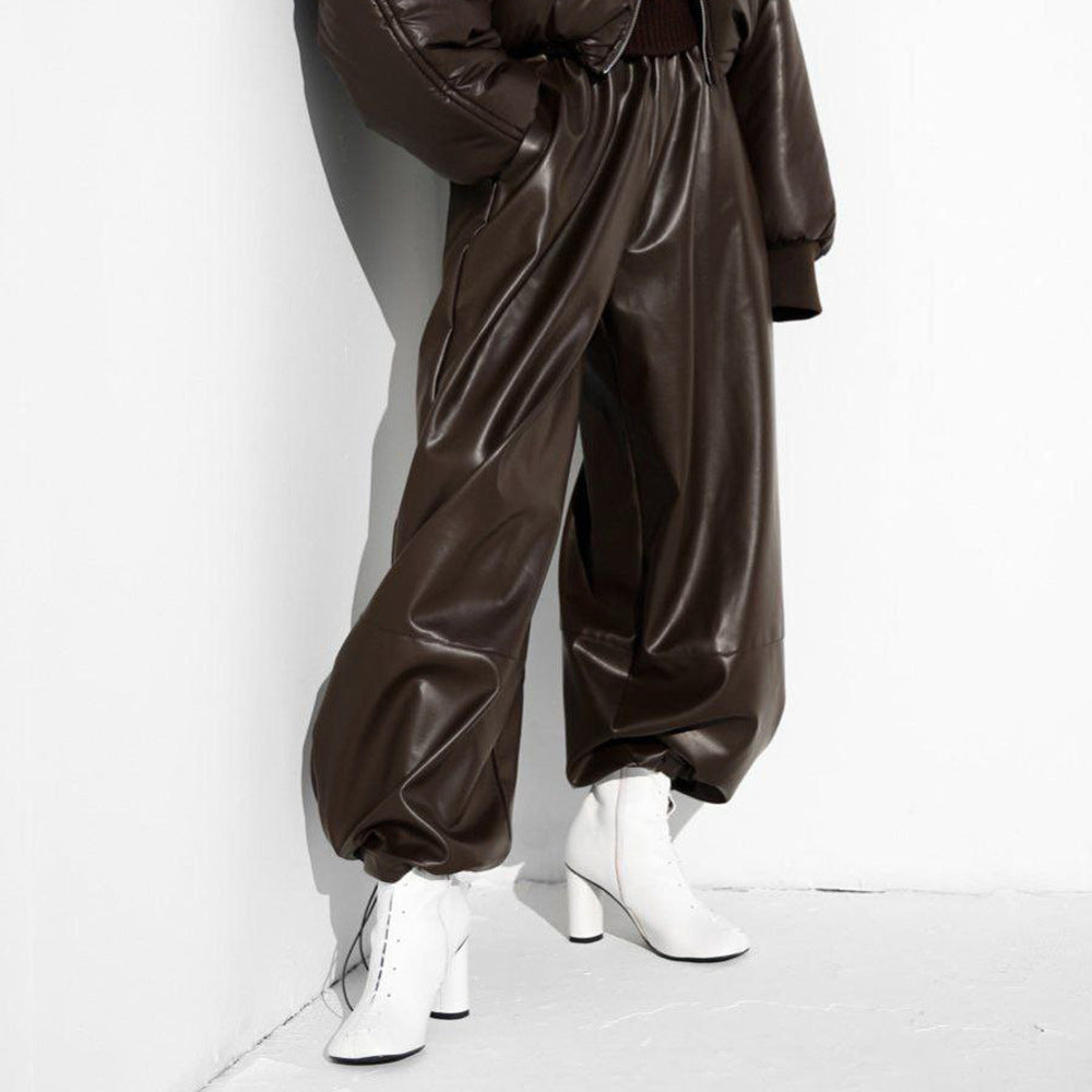 Damen Modische Kunstlederhose mit elastischem Bund EB