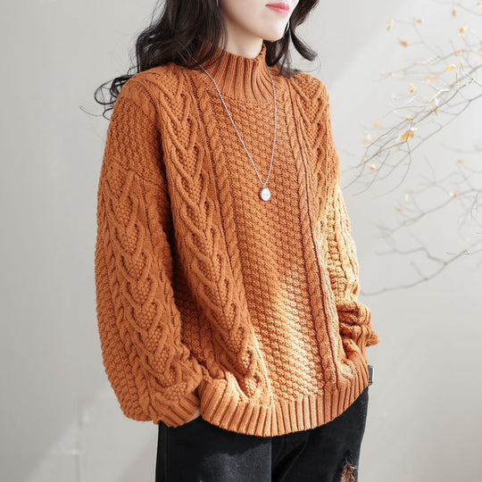 Damen Grobstrickpullover mit hohem Kragen und Zopfmuster EB