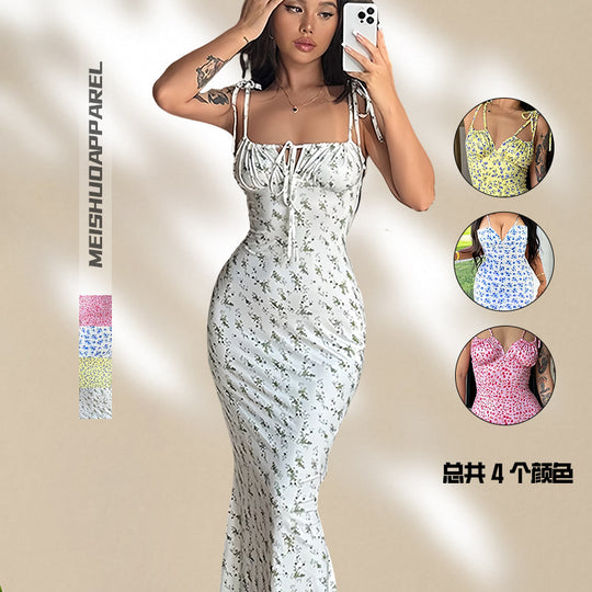 Damen Blumenmuster Maxikleid mit Figurbetontem Schnitt und Spaghetti-Trägern EB