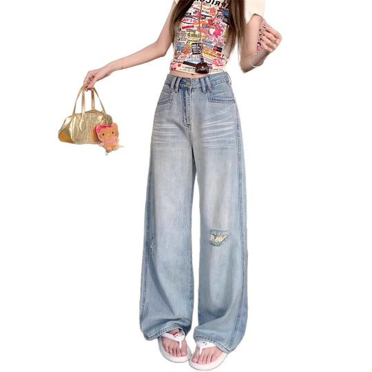 Damen Weite Denim-Jeans im lässigen Vintage-Stil mit modischen Rissen EB