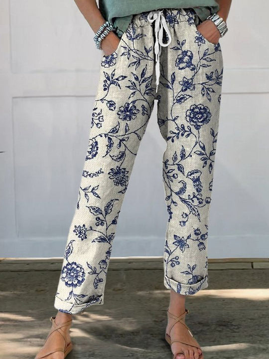 Damen Leinenoptik-Hose mit floralem Print, weitem Bein und Tunnelzug EB