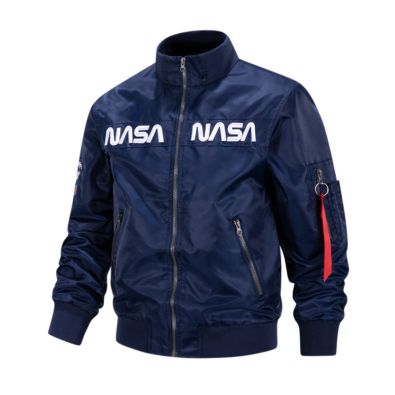 Men's  metallic pilot-style zip-up bomber jacket with embroidered chest panels and angled zip hand pockets EB