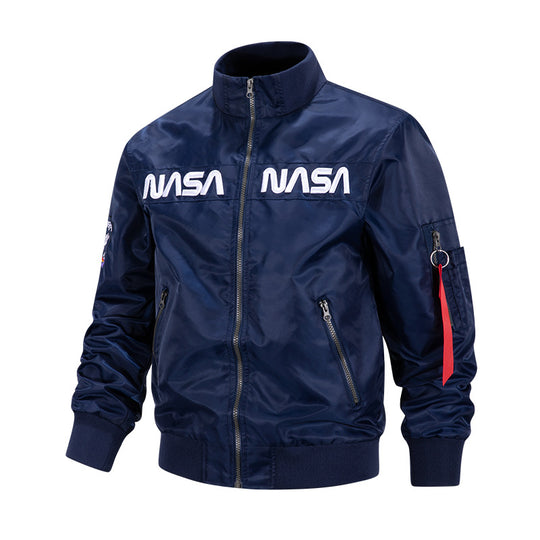 Men's  metallic pilot-style zip-up bomber jacket with embroidered chest panels and angled zip hand pockets EB