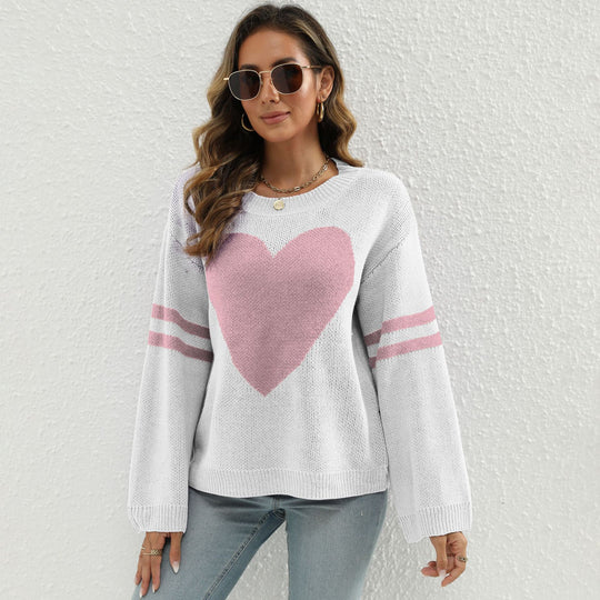 Damen Strickpullover mit Herzmotiv und lässigen Ärmelabschlüssen EB