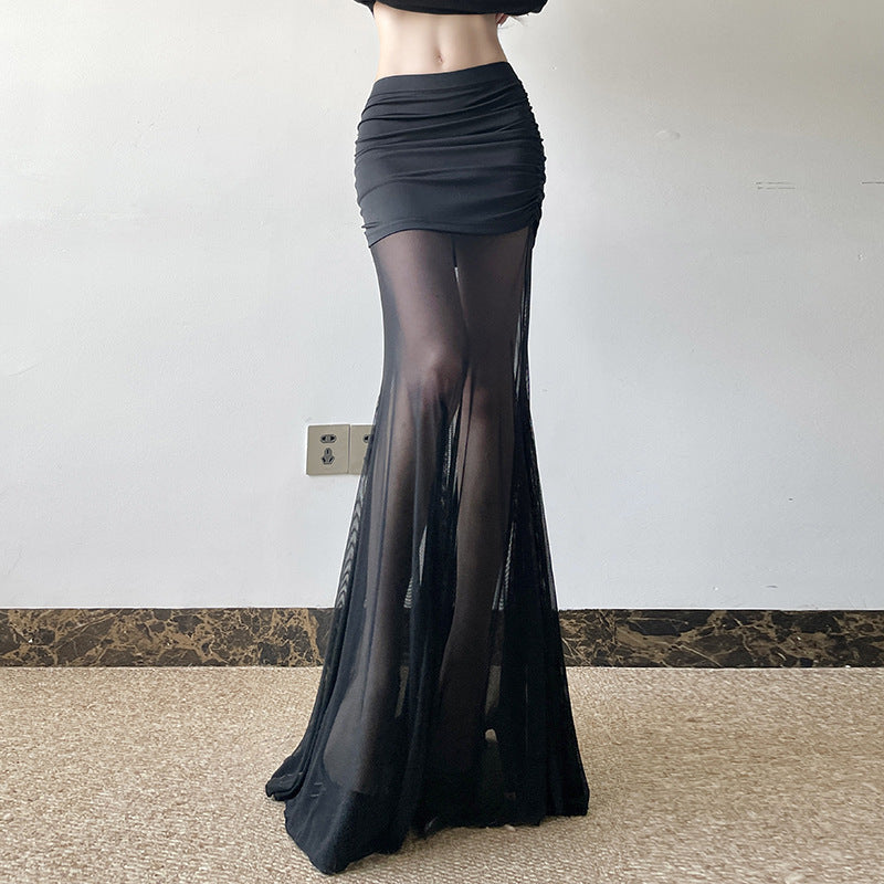 Damen Maxi-Rock mit transparentem Chiffon und gerafft Bund EB