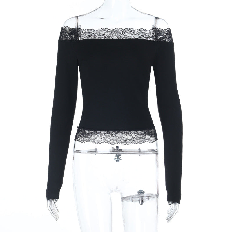 Damen elegantes Off-Shoulder Shirt mit Spitzenbesatz EB