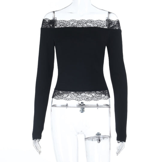 Damen elegantes Off-Shoulder Shirt mit Spitzenbesatz EB