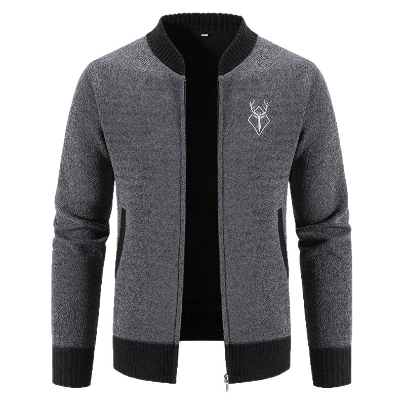 Herren nan lässiger Zip-Strickblouson mit weichem Thermofutter, geripptem Stehkragen und Hirsch-Logo EB
