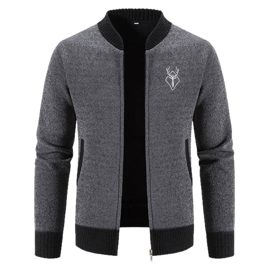 Herren nan lässiger Zip-Strickblouson mit weichem Thermofutter, geripptem Stehkragen und Hirsch-Logo EB