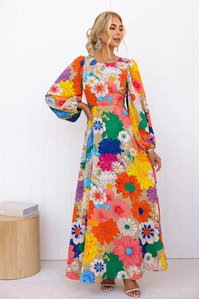 Damen Blumenmaxikleid mit voluminösen Ärmeln und floralem Allover-Print EB