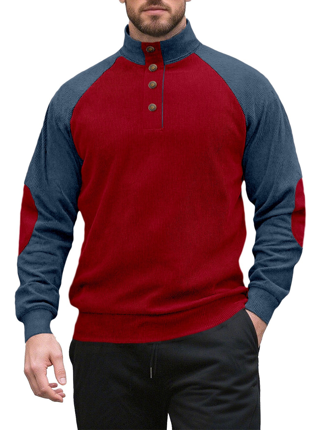 Herren nan zweifarbiger Ripptroyer mit asymmetrischer Knopfleiste und Velours-Ellbogenpatch EB