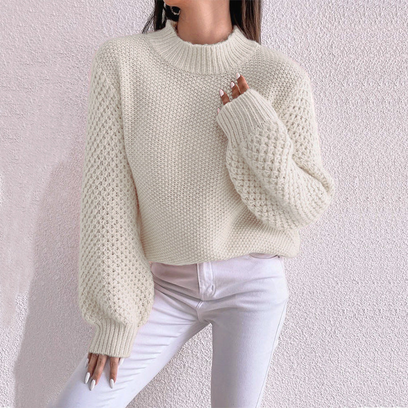 Damen kuscheliger Strickpullover mit hohem Kragen und strukturiertem Muster EB