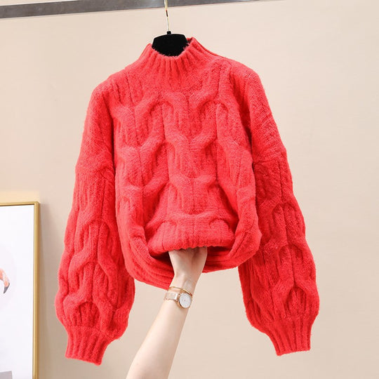 Damen kuscheliger Strickpullover mit voluminösen Ärmeln und Zopfmuster EB
