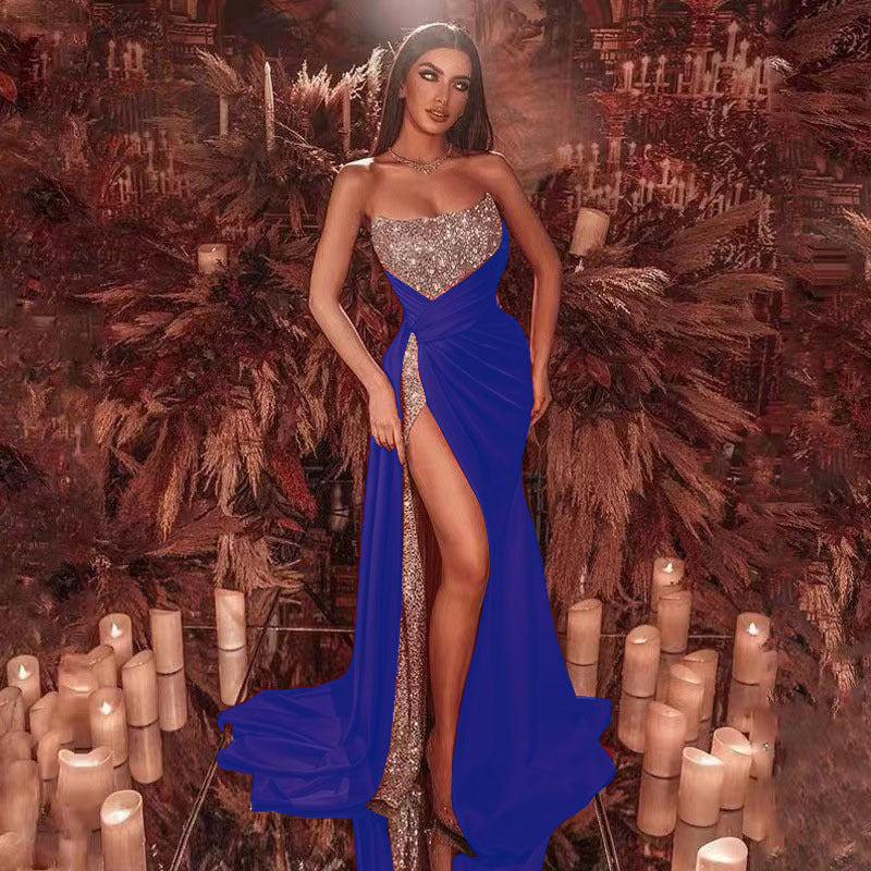Damen Glamouröses Maxikleid mit funkelndem Oberteil und hohe Beinschlitz EB