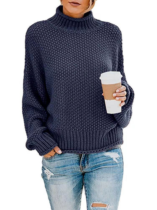 Damen lässiger Strickpullover mit hohem Kragen und strukturierter Oberfläche EB