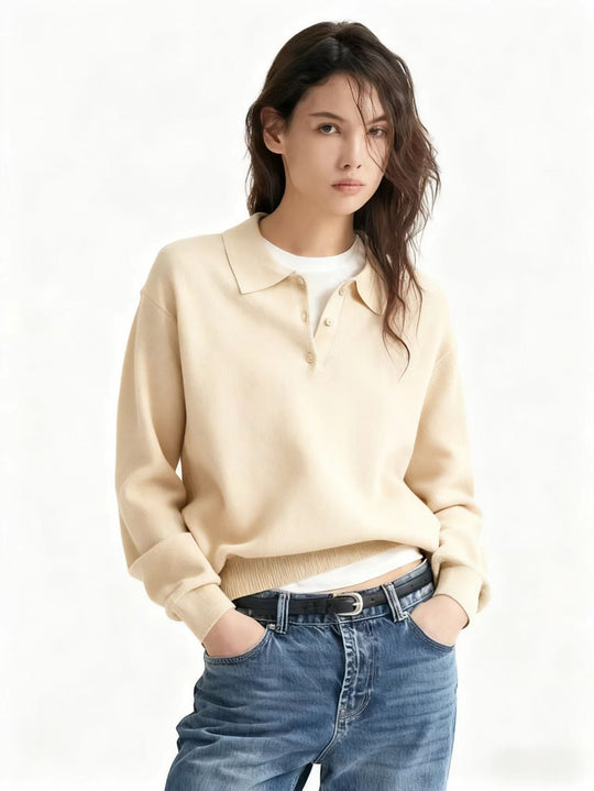 Damen Feinstrick-Polo-Sweater mit Knopfleiste und geripptem Saum EB