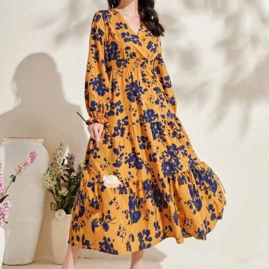 Damen Elegantes Maxikleid mit floralen Details und V-Ausschnitt EB