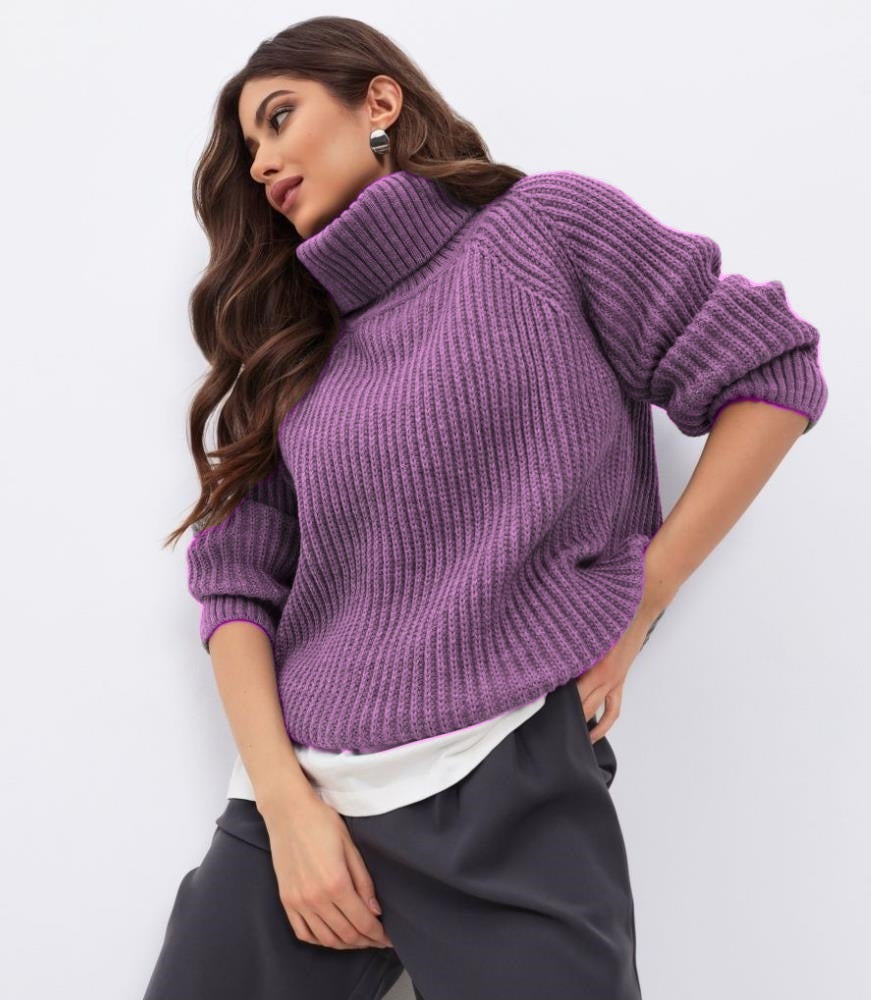 Damen Strickpullover mit hohem Kragen und Wabenstruktur EB