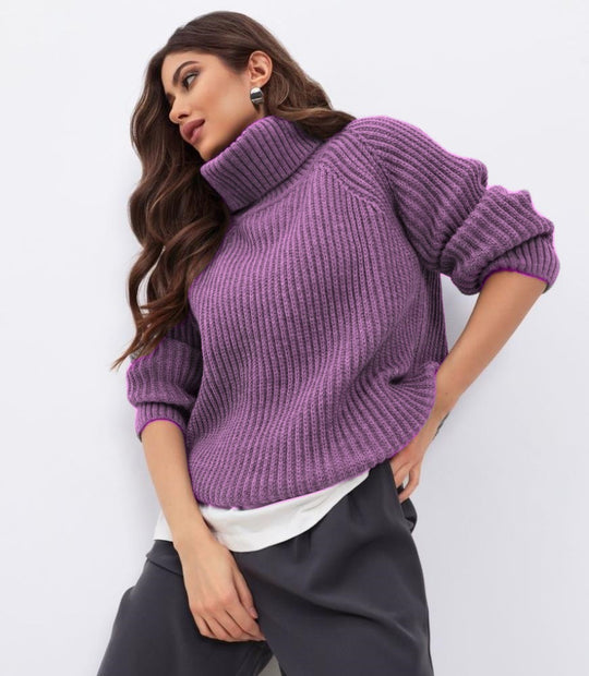 Damen Strickpullover mit hohem Kragen und Wabenstruktur EB