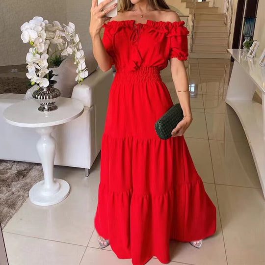 Damen Maxikleid mit Schulterfreiem Design und Voluminösen Rüschen EB