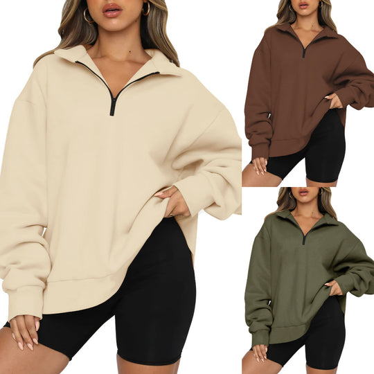 Damen Oversized Sweatshirt mit kurzem Reißverschluss und lässigem Schnitt EB