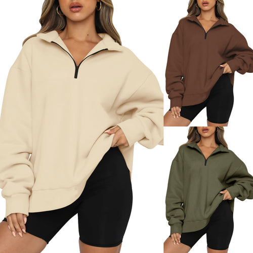 Damen Oversized Sweatshirt mit kurzem Reißverschluss und lässigem Schnitt EB